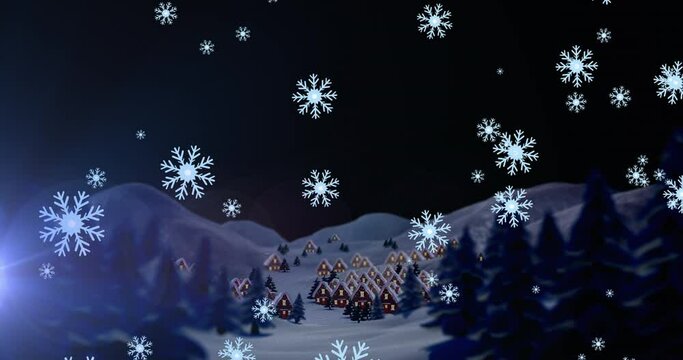 Animation of snow falling over village, trees and mountains at christmas
