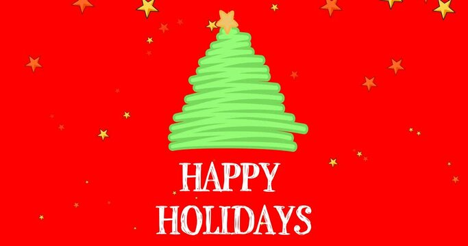 Animation of happy holidays text with bendy christmas tree and gold stars on red background