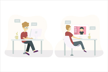 Two man are using platform media social for communication. concept vector illustration set