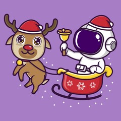 cute cartoon astronaut riding a christmas reindeer. vector illustration for mascot logo or sticker