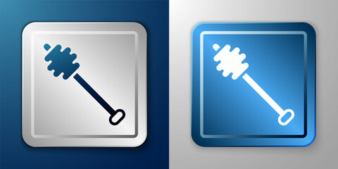 White Honey dipper stick icon isolated on blue and grey background. Honey ladle. Silver and blue square button. Vector