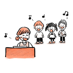 ピアノをひく先生と歌う子ども達(2色)
