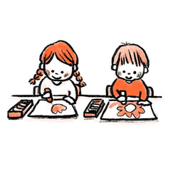 お絵描きをする子ども(２色)