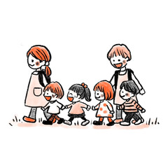保育士とお散歩をする子ども(幼児)達(2色)