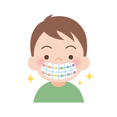 カラフルな装置で歯並びの矯正をする男の子