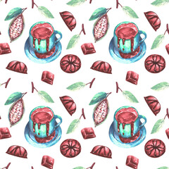 Seamless pattern with chocolate, sweets, pralines, cocoa beans on a white background. The pattern can be used for fabric, covers, wrapping paper, postcards, gift boxes, textiles, posters, wallpaper. 