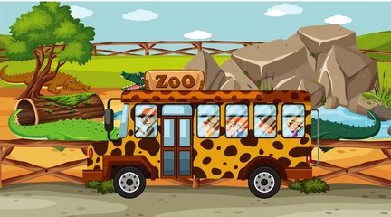 Foto op Canvas Zoo scene with children in the bus touring © brgfx