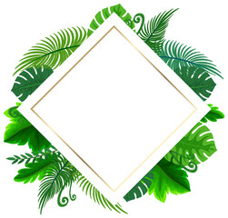 Fototapeta na wymiar Rotated square frame with tropical green leaves