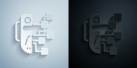 Paper cut Humanoid robot icon isolated on grey and black background. Artificial intelligence, machine learning, cloud computing. Paper art style. Vector