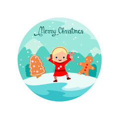 Christmas card with a cute girl in a candy costume.
