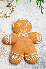 gingerbread man christmas cookie homemade cake sweet dessert new year copy space food background rustic