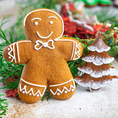 gingerbread man christmas cookie homemade cake sweet dessert new year copy space food background rustic