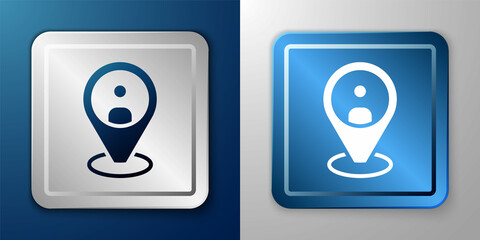 White Taxi client icon isolated on blue and grey background. Silver and blue square button. Vector