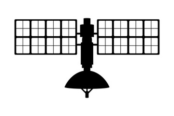 Black silhouette of Satellite solid navigation and communication. Space unmanned satellite technology, global communication.
