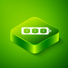 Isometric Electric extension cord icon isolated on green background. Power plug socket. Green square button. Vector