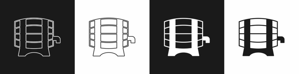 Set Wooden barrel on rack with stopcock icon isolated on black and white background. Vector