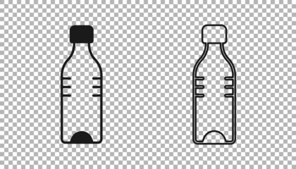 Black Bottle of water icon isolated on transparent background. Soda aqua drink sign. Vector