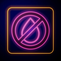 Glowing neon Water drop forbidden icon isolated on black background. No water sign. Vector
