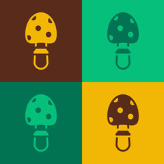 Pop art Amanita muscaria or fly agaric hallucinogenic toadstool mushroom icon isolated on color background. Spotted poisonous mushroom. Vector