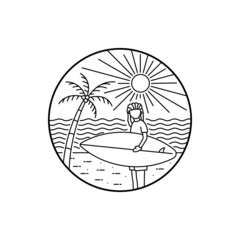 A surfer on a beach in summer in mono line art ,badge patch pin graphic illustration, vector art t-shirt design