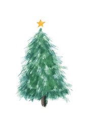 Watercolor illustration of Christmas tree with star isolated on white background. Design of Christmas cards, invitations,banners, flyers, print.
