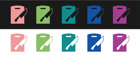 Set Cutting board and knife icon isolated on black and white background. Chopping Board symbol. Cutlery symbol. Vector