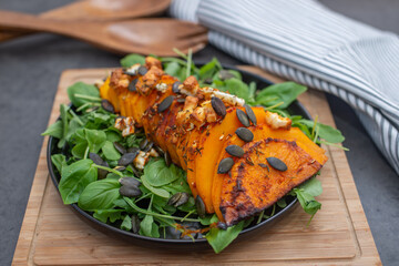 baked hasselback butternut pumpkin with feta cheese