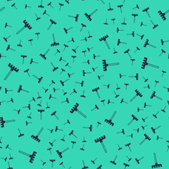 Black Garden rake icon isolated seamless pattern on green background. Tool for horticulture, agriculture, farming. Ground cultivator. Housekeeping equipment. Vector