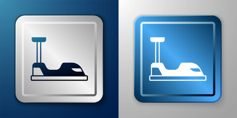 White Bumper car icon isolated on blue and grey background. Amusement park. Childrens entertainment playground, recreation park. Silver and blue square button. Vector
