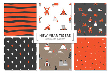 Vector collection of seamless geometrical abstract and animal pattern with orange Asian tigers. Design set for textile or wrapping paper. Flat characters - symbol of Chinese New Year 2022.