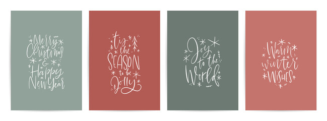 Christmas calligraphy greeting card set. Traditional winter holiday wishes. Modern script signs with snowflakes on red and green backgrounds.