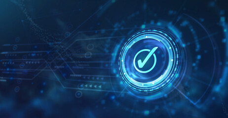 Internet, business, Technology and network concept. Standard quality control. Certification. Young businessman select the icon on the virtual display. 3d illustration.