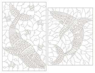 A set of contour illustrations in the style of stained glass with abstract shark and whale, dark contours on a white background
