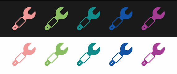 Set Wrench spanner icon isolated on black and white background. Spanner repair tool. Service tool symbol. Vector