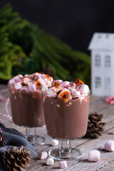 Traditional Christmas drink, hot cocoa chocolate with roasted marshmallows