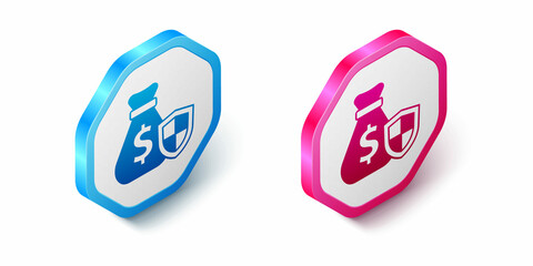 Isometric Money bag with shield icon isolated on white background. Insurance concept. Security, safety, protection, protect concept. Hexagon button. Vector