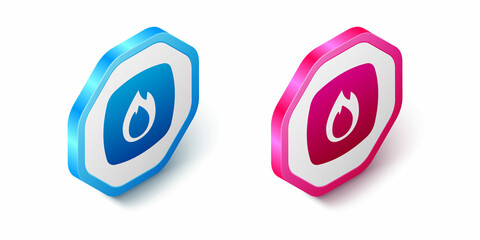 Isometric Fire flame icon isolated on white background. Hexagon button. Vector