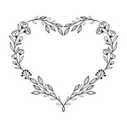 Floral heart shape frame. Decorative frame design with flowers and leaves. Hand drawn vector illustration.