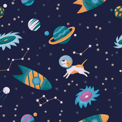 Seamless vector childish space pattern. Rocket, planets, dog and stars on dark background. Kids design, backdrop for wallpaper, print, textile, fabric, wrapping