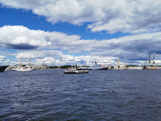 Warships, frigates and sailboats built in the Neva water area for the Day of the Navy in St....