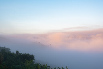 Surreal landscape of morning foggy..Morning clouds at sunrise.Landscape of fog and mountains of northern Thailand.