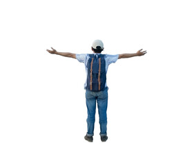 man standing with his arms outstretched carrying a bag behind him.man standing with arms outstretched in isolated with clipping path.