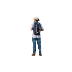 man standing with a bag behind him looking to the side. People standing in isolated with clipping path.