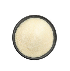 Gelatin powder in black bowl isolated on white, top view
