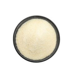 Gelatin powder in black bowl isolated on white, top view