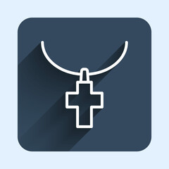White line Christian cross on chain icon isolated with long shadow background. Church cross. Blue square button. Vector