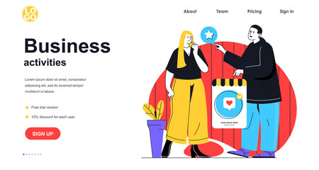 Business activities web banner concept. Man recommends service to woman, advertising campaign and promotion, partnership landing page template. Vector illustration with people scene in flat design