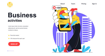 Business activities web banner concept. Woman promoting business in social networks through mobile app, online marketing, landing page template. Vector illustration with people scene in flat design