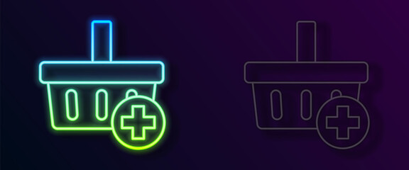 Glowing neon line Add to Shopping basket icon isolated on black background. Online buying concept. Delivery service. Supermarket basket symbol. Vector