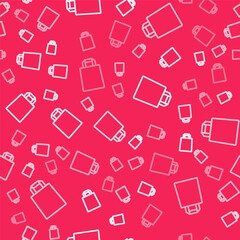 White line Paper shopping bag icon isolated seamless pattern on red background. Package sign. Vector